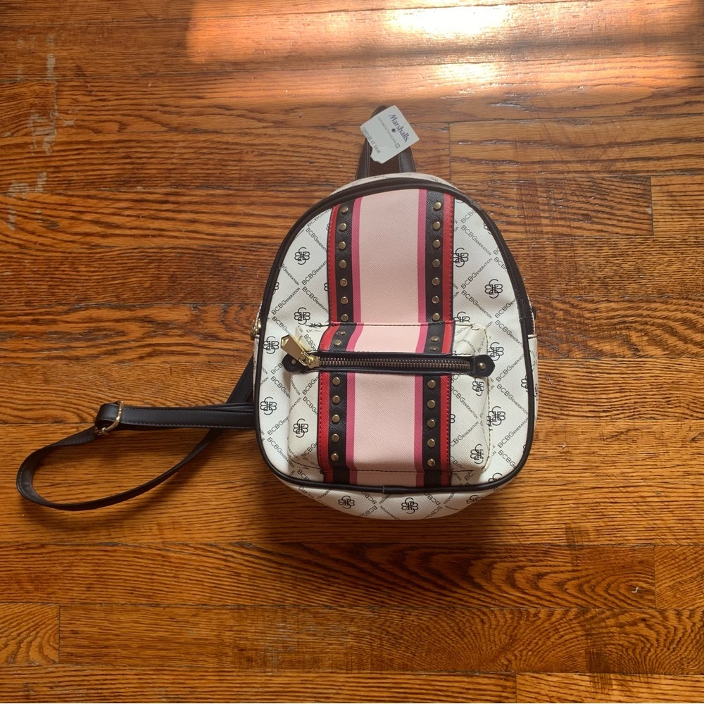 BCBG Pink and White Women's Backpack | BCBG Gold Zipper Mini Backpack